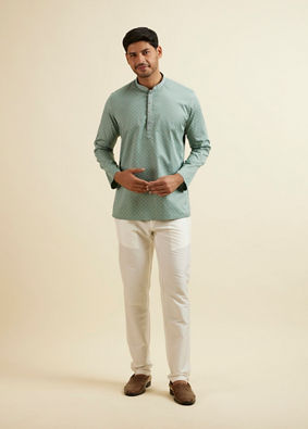 alt message - Manyavar Men Aqua Green Buta Print Short Kurta image number 2